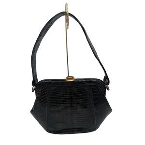 Vintage Black Lizard Leather Handbag Gold Clasp & Adjustable Strap For Evening